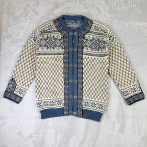 Dale of Norway Cardigan Sweater Women L Blue Nordic Wool Pewter Clasp Snowflake